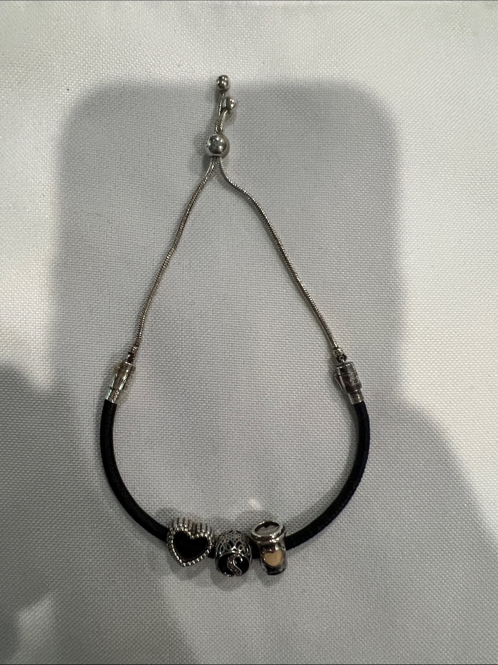 Pandora Black Cord Bracelet with Silver Heart & Decorative Charms